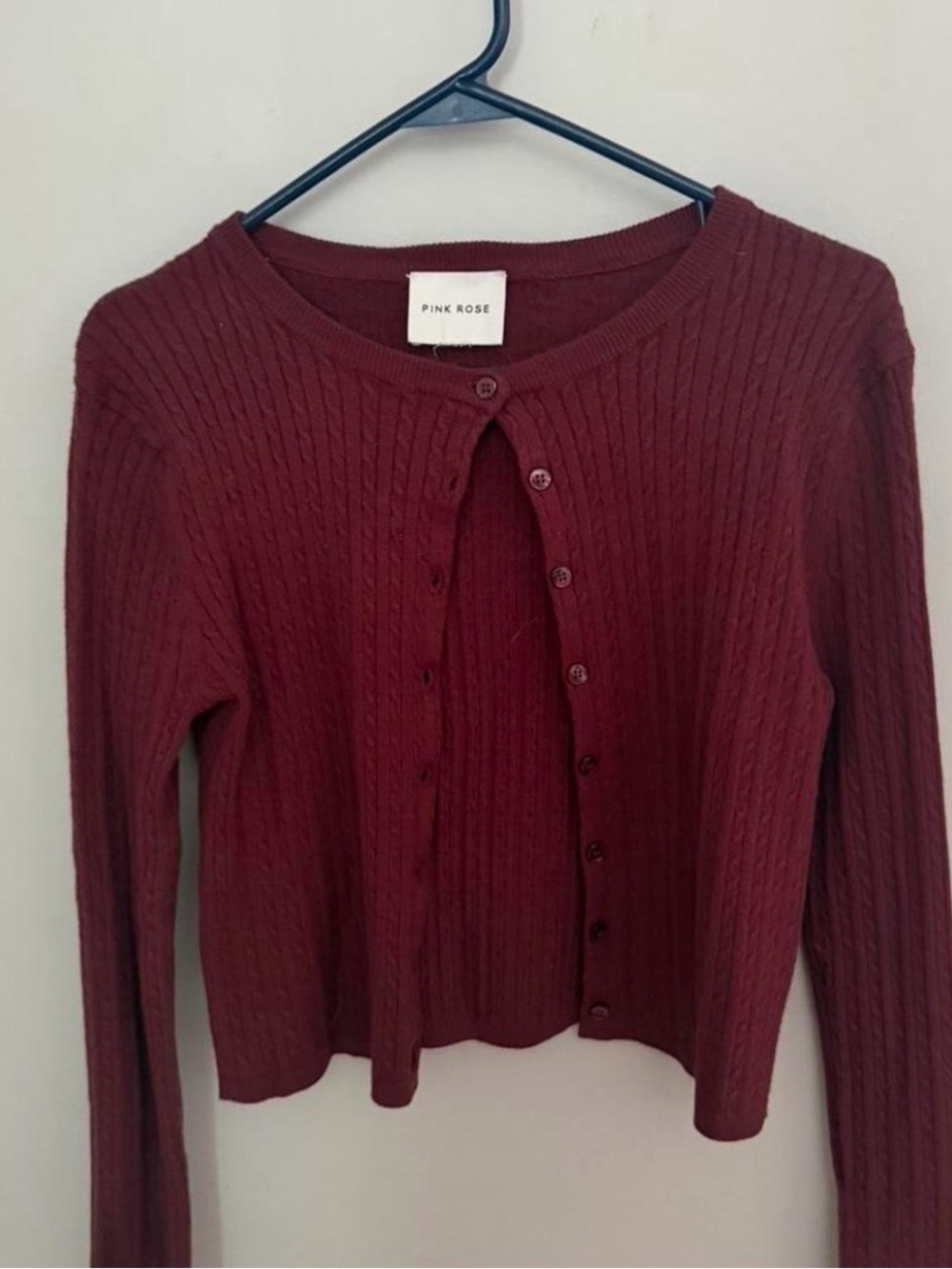 Pink Rose Ribbed Button-Up Cardigan - Burgundy